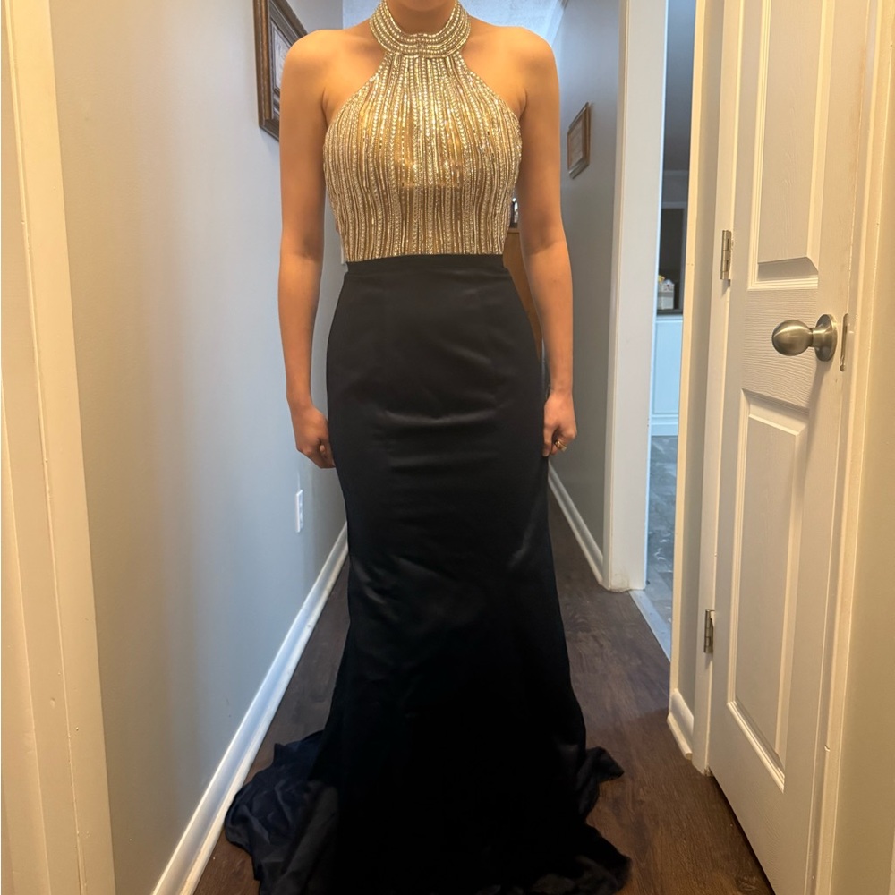 Navy & Silver Halter Gown